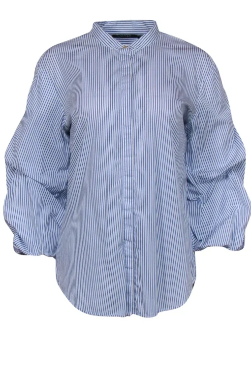 Lauren Ralph Lauren - Blue & White Striped Button-Up Ruched Sleeve Cotton Blouse Sz L