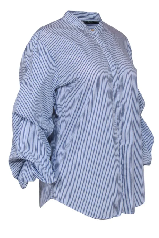 Lauren Ralph Lauren - Blue & White Striped Button-Up Ruched Sleeve Cotton Blouse Sz L