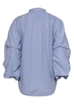 Lauren Ralph Lauren - Blue & White Striped Button-Up Ruched Sleeve Cotton Blouse Sz L