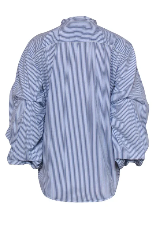 Lauren Ralph Lauren - Blue & White Striped Button-Up Ruched Sleeve Cotton Blouse Sz L