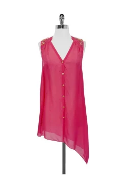 Leifsdottir - Pink Beaded Silk Sleeveless Asymmetrical Blouse Sz 2