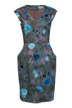 Lela Rose - Beige, Blue, & Turquoise Print Cap Sleeve Dress Sz XS