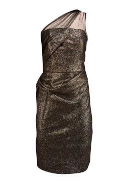 Lela Rose - black & Gold Metallic Tulle One Shoulder Strap Dress Sz 10