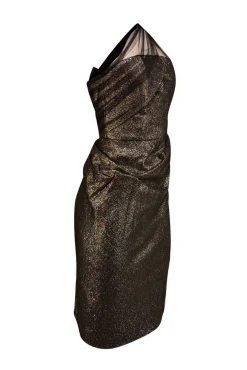 Lela Rose - black & Gold Metallic Tulle One Shoulder Strap Dress Sz 10