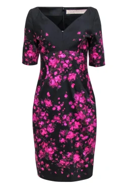 Lela Rose - Black & Purple Floral Print Short Sleeve Midi Dress Sz 8