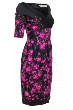 Lela Rose - Black & Purple Floral Print Short Sleeve Midi Dress Sz 8
