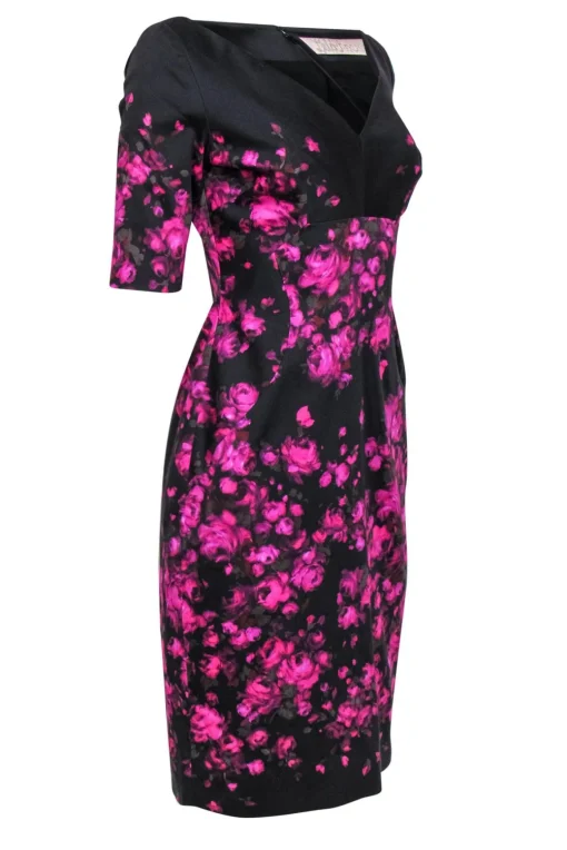 Lela Rose - Black & Purple Floral Print Short Sleeve Midi Dress Sz 8