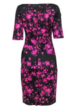 Lela Rose - Black & Purple Floral Print Short Sleeve Midi Dress Sz 8