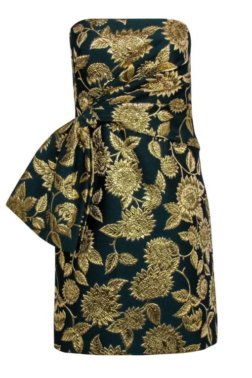 Lela Rose - Green & Gold Floral Jacquard Strapless Dress Sz 6