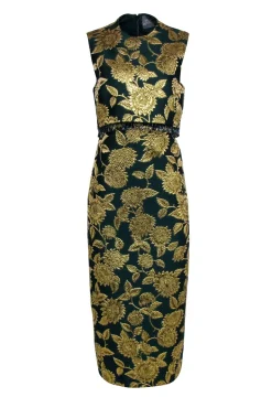 Lela Rose - Green & Gold Floral Jacquard Midi Dress Sz 6