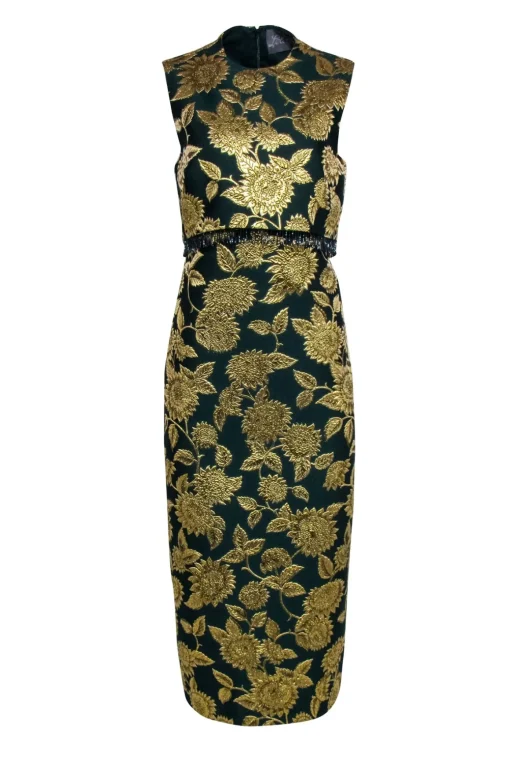 Lela Rose - Green & Gold Floral Jacquard Midi Dress Sz 6