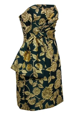 Lela Rose - Green & Gold Floral Jacquard Strapless Dress Sz 6