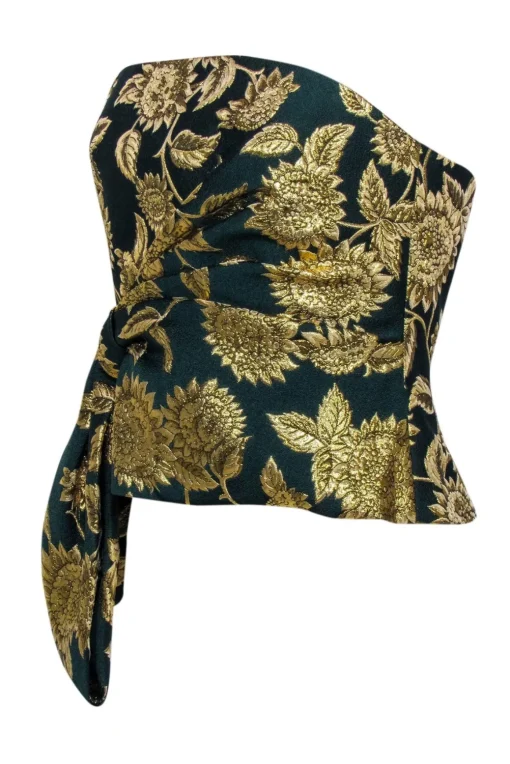 Lela Rose - Green & Gold Floral Jacquard Strapless Top Sz 6