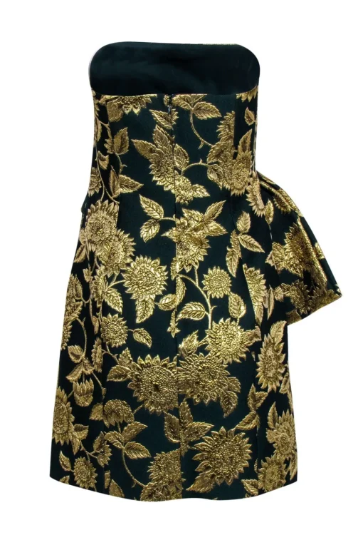 Lela Rose - Green & Gold Floral Jacquard Strapless Dress Sz 6