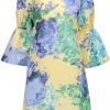 Lela Rose - Pastel Yellow, Green & Purple Watercolor Floral Bell Sleeve Shift Dress Sz 6