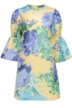 Lela Rose - Pastel Yellow, Green & Purple Watercolor Floral Bell Sleeve Shift Dress Sz 6