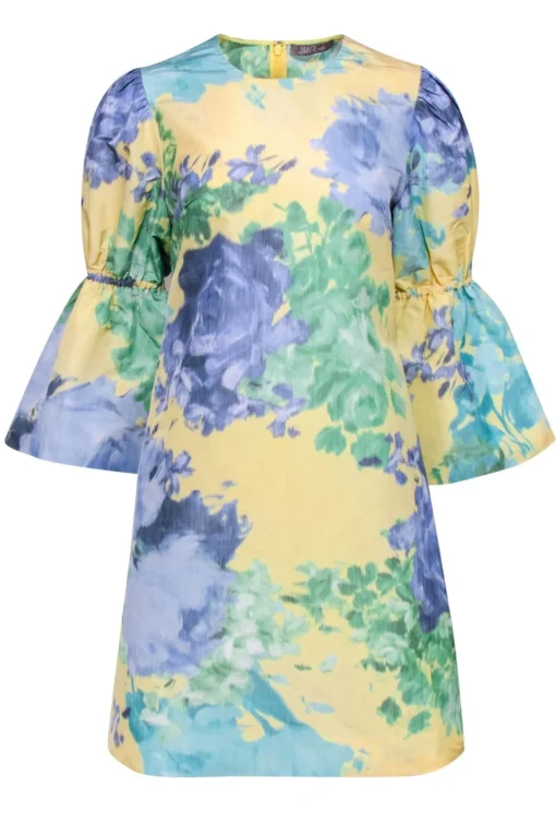 Lela Rose - Pastel Yellow, Green & Purple Watercolor Floral Bell Sleeve Shift Dress Sz 6
