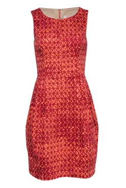 Lela Rose - Pink & Red Crosshatch Printed Cotton Sheath Dress Sz 6