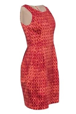 Lela Rose - Pink & Red Crosshatch Printed Cotton Sheath Dress Sz 6