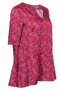 Lela Rose - Pink, Red & Purple Floral Print Blouse w/ Peplum Hem Sz 4