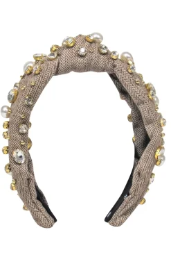 Lele Sadoughi - Brown Tweed Top Knot Headband Embellished w/ Rhinestones & Pearls