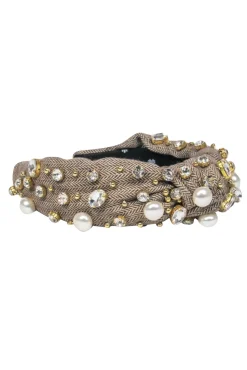 Lele Sadoughi - Brown Tweed Top Knot Headband Embellished w/ Rhinestones & Pearls