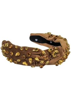 Lele Sadoughi - Brown Velour Knot Front Headband w/ Jewel Embellishments
