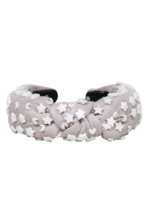 Lele Sadoughi - Taupe Canvas Top Knot Headband Embellished w/ Moons & Stars