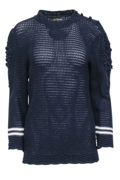 Les Copains - Navy Knit Sweater w/ Textured Sleeves Sz 8