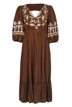 Let Me Be by Anthropologie - Brown Balloon Sleeve Embroidered Maxi Dress Sz S