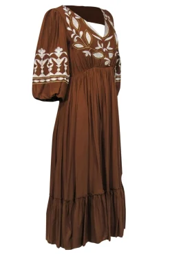 Let Me Be by Anthropologie - Brown Balloon Sleeve Embroidered Maxi Dress Sz S