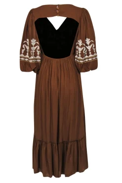 Let Me Be by Anthropologie - Brown Balloon Sleeve Embroidered Maxi Dress Sz S