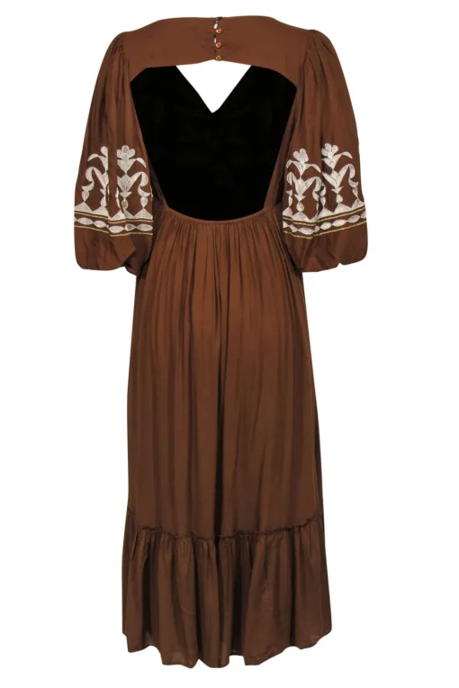 Let Me Be by Anthropologie - Brown Balloon Sleeve Embroidered Maxi Dress Sz S