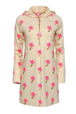 Lilly Pulitzer - Beige & Pink Beaded Palm Tree Print "Skipper" Hoodie Dress Sz S