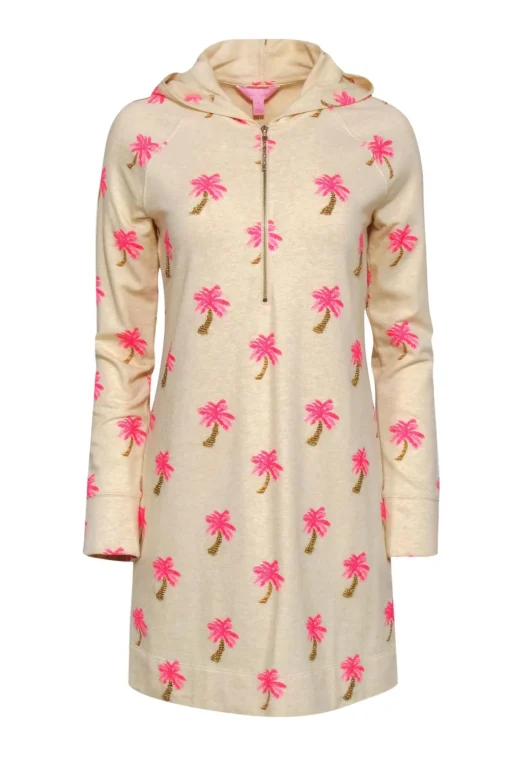 Lilly Pulitzer - Beige & Pink Beaded Palm Tree Print "Skipper" Hoodie Dress Sz S