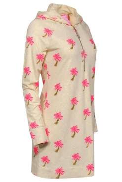 Lilly Pulitzer - Beige & Pink Beaded Palm Tree Print "Skipper" Hoodie Dress Sz S