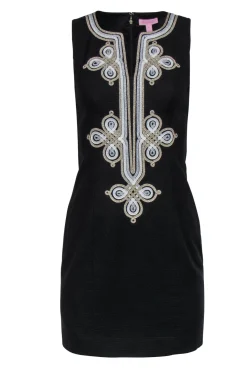 Lilly Pulitzer - Black Textured "Mila" Sheath Dress w/ Gold & Silver Embroidery Sz 0