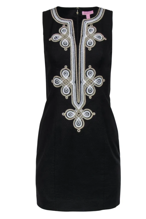 Lilly Pulitzer - Black Textured "Mila" Sheath Dress w/ Gold & Silver Embroidery Sz 0