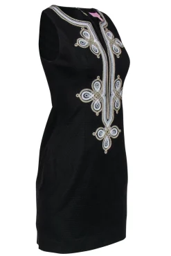 Lilly Pulitzer - Black Textured "Mila" Sheath Dress w/ Gold & Silver Embroidery Sz 0