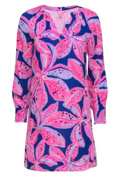 Lilly Pulitzer - Blue & Hot Pink Floral Dress w/ Notched Neckline Sz XXS