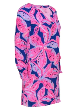 Lilly Pulitzer - Blue & Hot Pink Floral Dress w/ Notched Neckline Sz XXS