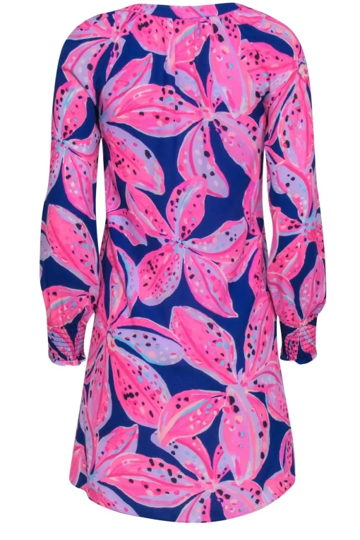Lilly Pulitzer - Blue & Hot Pink Floral Dress w/ Notched Neckline Sz XXS