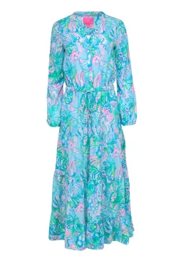 Lilly Pulitzer - Blue & Neon Pink Tropical Print Button-Front Maxi Dress Sz 2