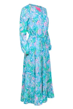Lilly Pulitzer - Blue & Neon Pink Tropical Print Button-Front Maxi Dress Sz 2