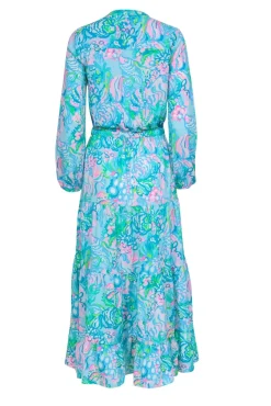 Lilly Pulitzer - Blue & Neon Pink Tropical Print Button-Front Maxi Dress Sz 2