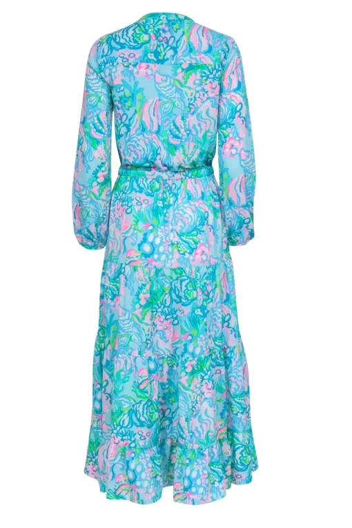 Lilly Pulitzer - Blue & Neon Pink Tropical Print Button-Front Maxi Dress Sz 2