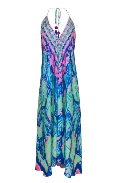 Lilly Pulitzer - Blue & Pink Multi Color Print Halter Maxi Dress Sz M