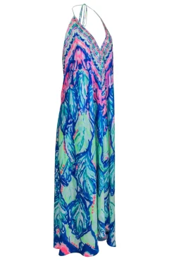 Lilly Pulitzer - Blue & Pink Multi Color Print Halter Maxi Dress Sz M
