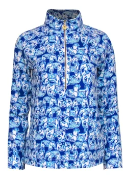 Lilly Pulitzer - Blue Elephant Print Half Zip Pullover Sz S