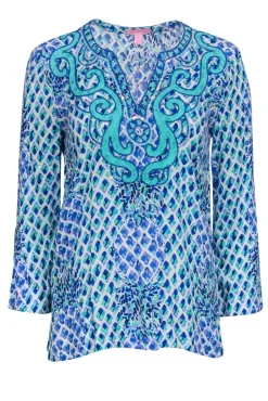 Lilly Pulitzer - Blue Printed Peasant Blouse w/ Sequins Sz XS